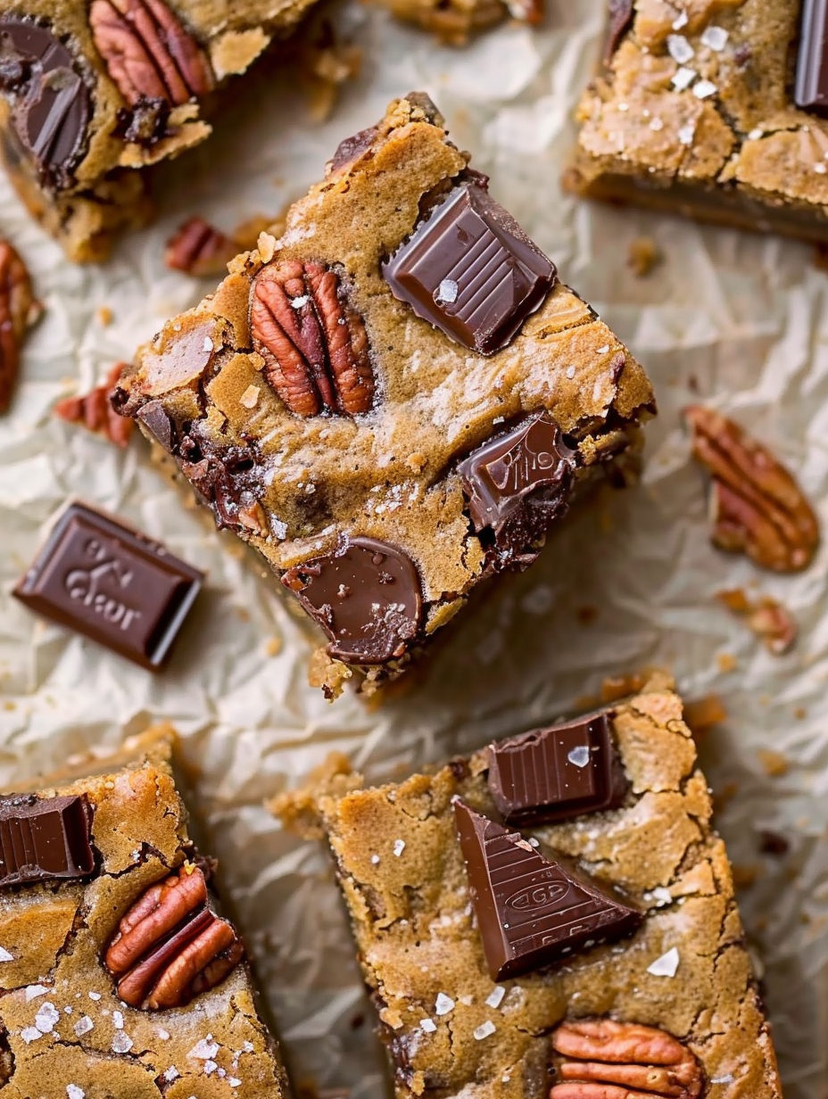 Stack of blondie squares with pecans and chocolate