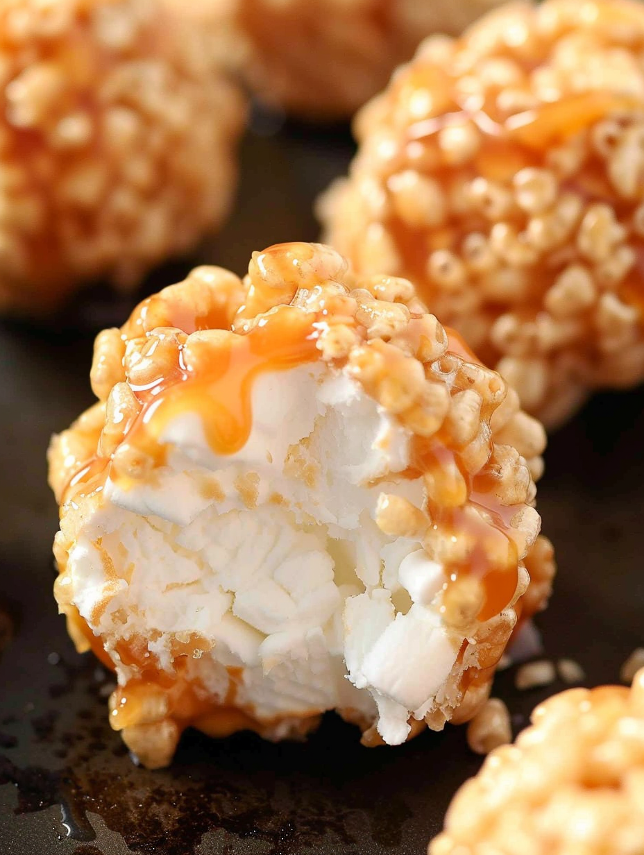 Caramel marshmallow dipped and ready to roll in Rice Krispies