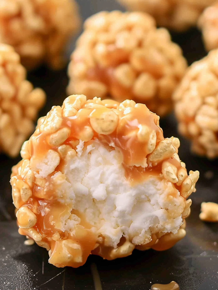 Tray of coated caramel marshmallow Rice Krispie balls cooling on parchment