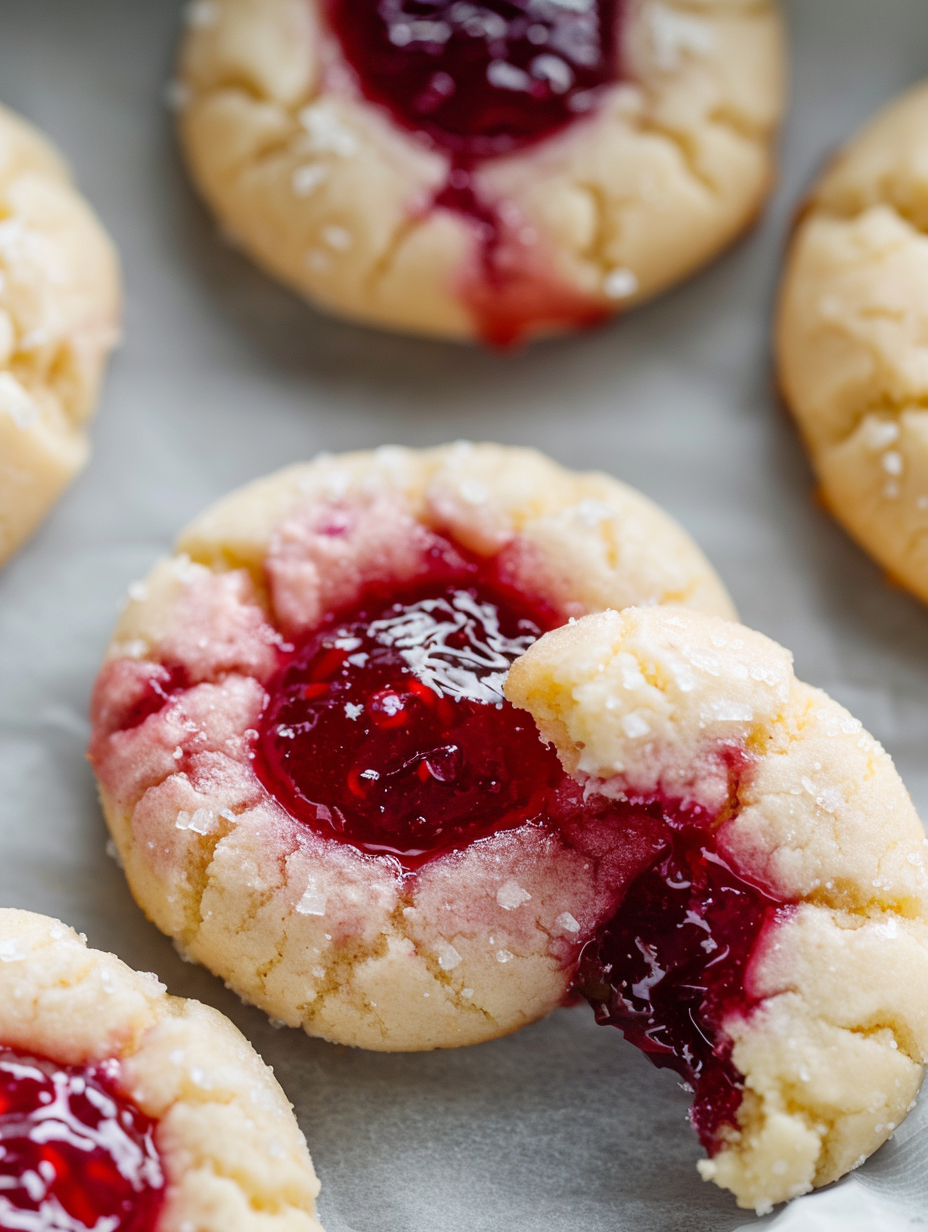 Freshly baked raspberry cheesecake thumbprint cookies on parchment