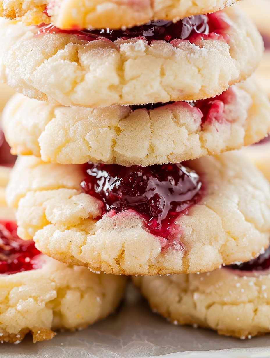 Close-up of a cookie with raspberry jam center and tender crumb