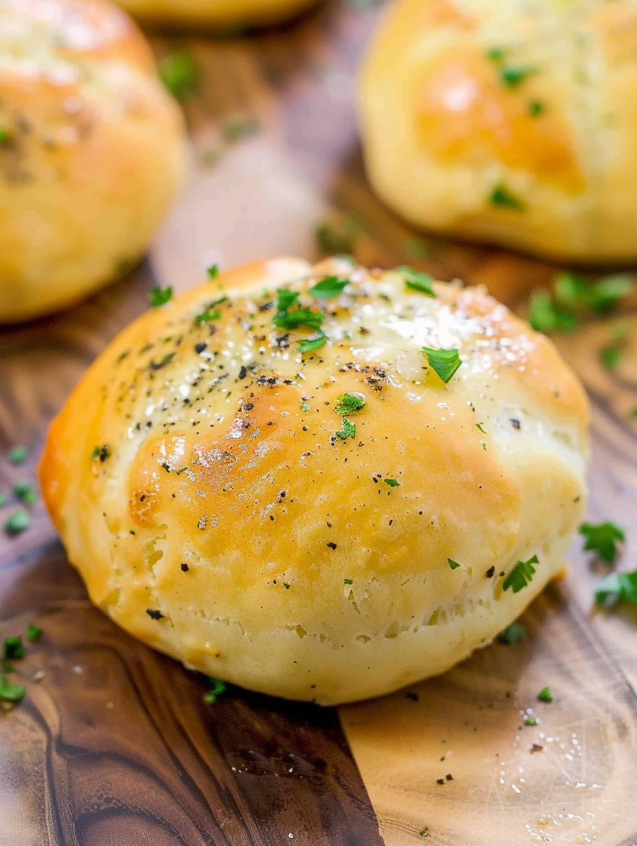 Stuffed cheese biscuits on baking sheet, brushed with garlic butter