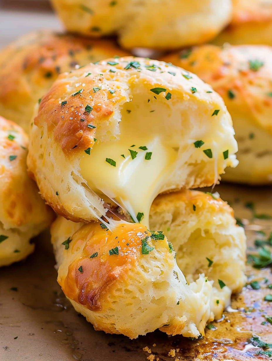 Close-up of melted cheese inside stuffed biscuit
