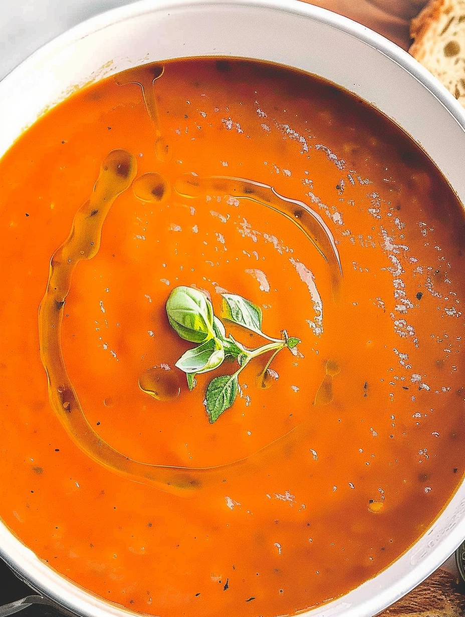 Creamy tomato soup in a bowl with basil garnish