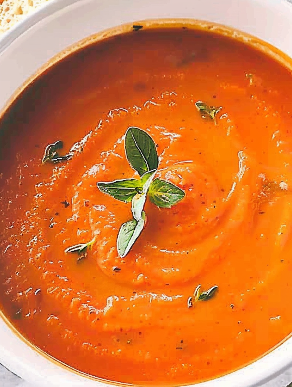Bowl of tomato soup with crusty bread