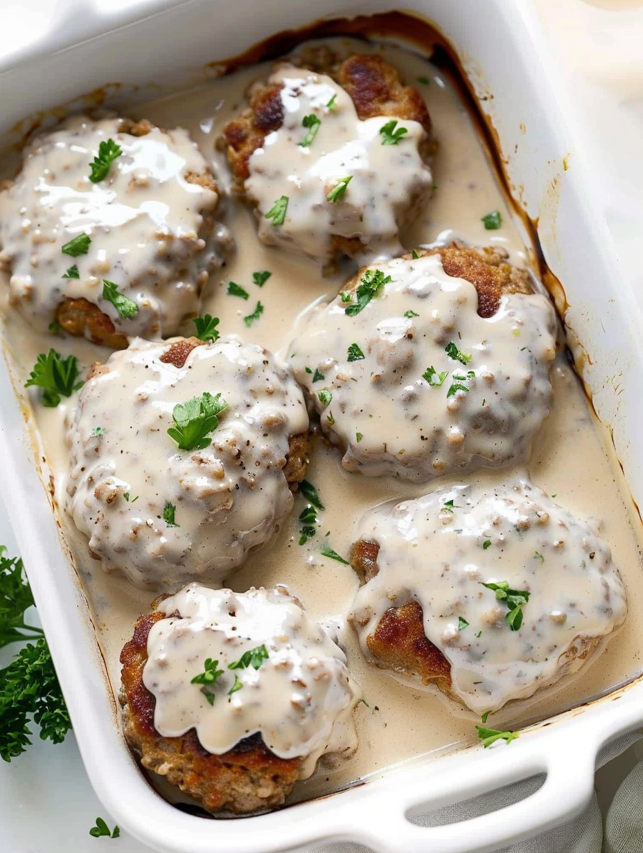 Seared hamburger patties in baking dish with creamy mushroom sauce