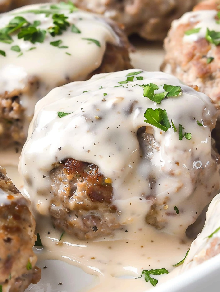Close-up of creamy mushroom sauce over hamburger steaks