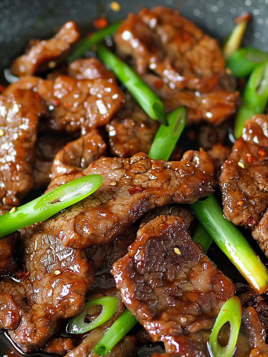 Mongolian Beef sizzling in a pan