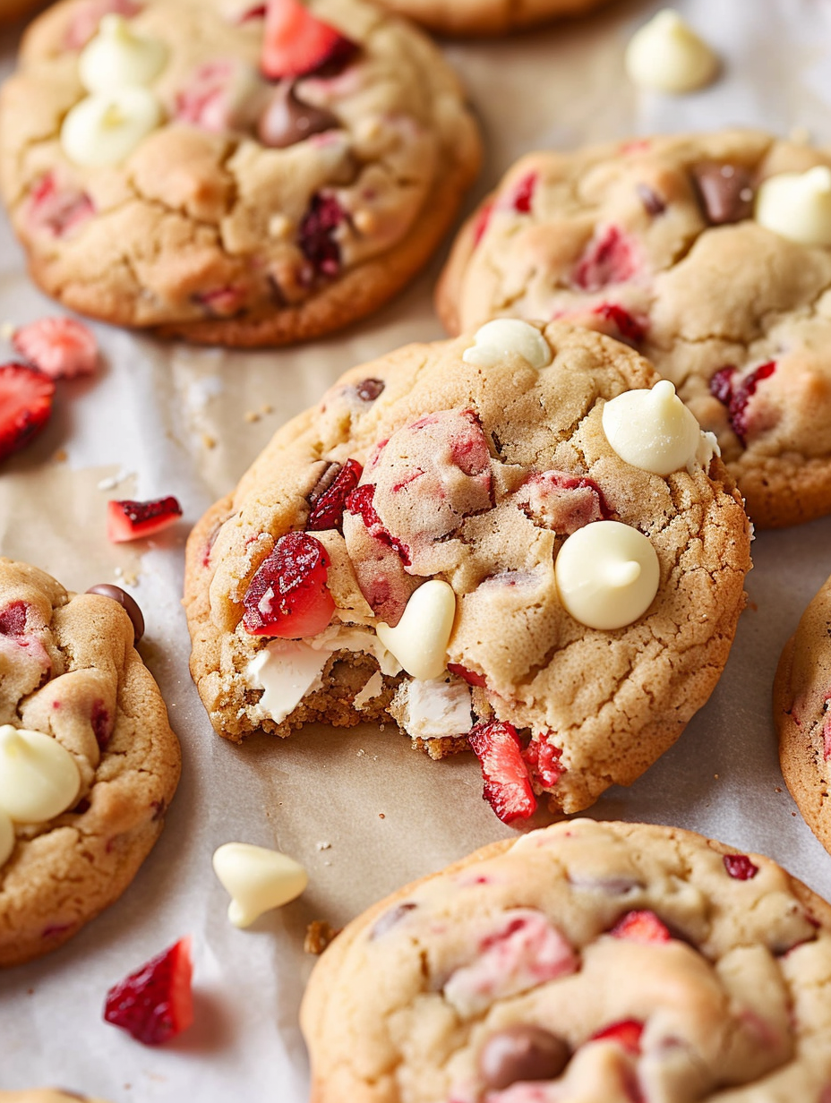 Strawberries and Cream Cookies on a baking sheet, pink pieces visible