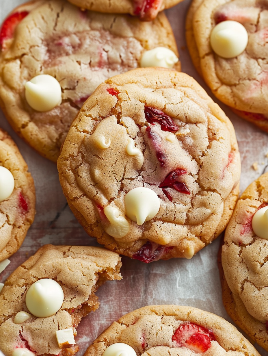 Close up of a single cookie showing strawberry and white chocolate pieces