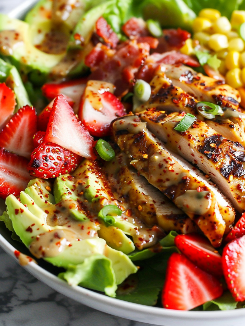 Honey mustard chicken slices atop romaine with strawberries and avocado