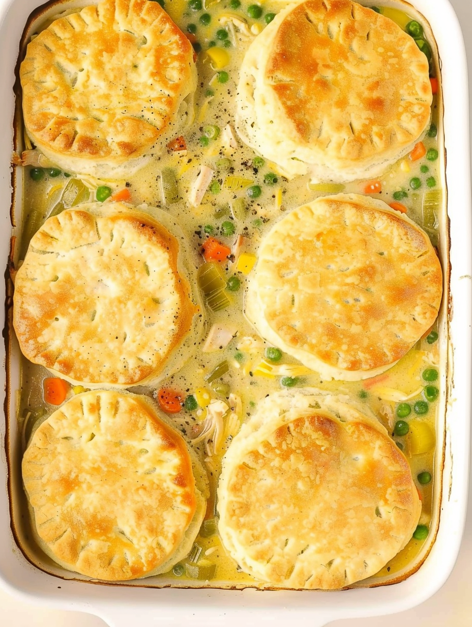 Golden biscuit topping on chicken pot pie casserole