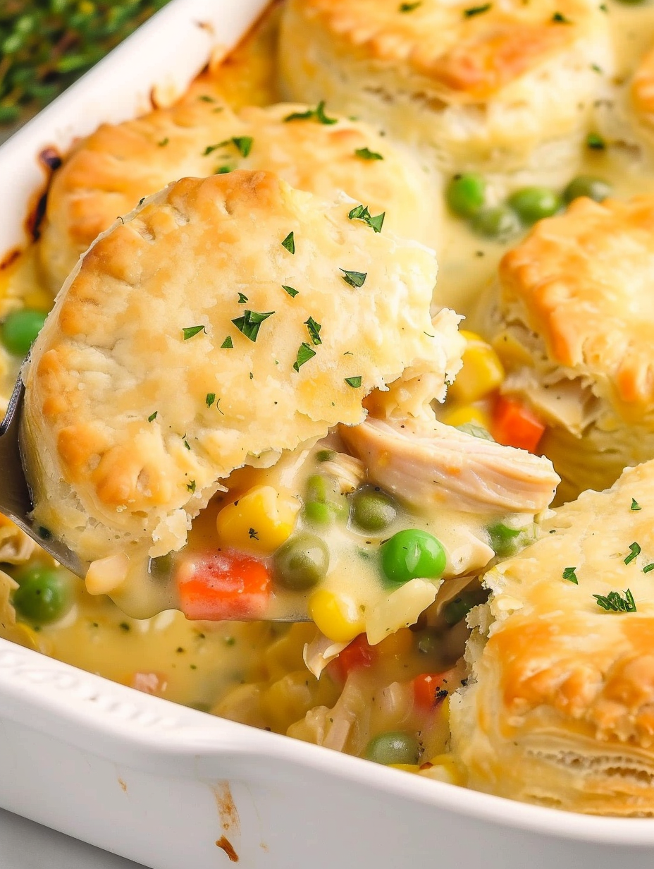 Serving scoop of chicken pot pie casserole with vegetables