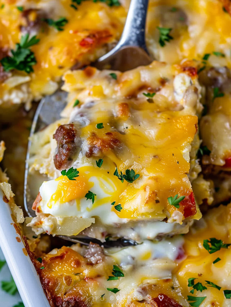 Baked sausage breakfast casserole fresh from the oven