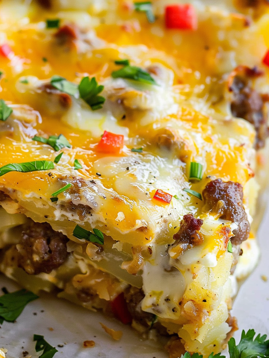 Slice of cheesy sausage casserole on a plate