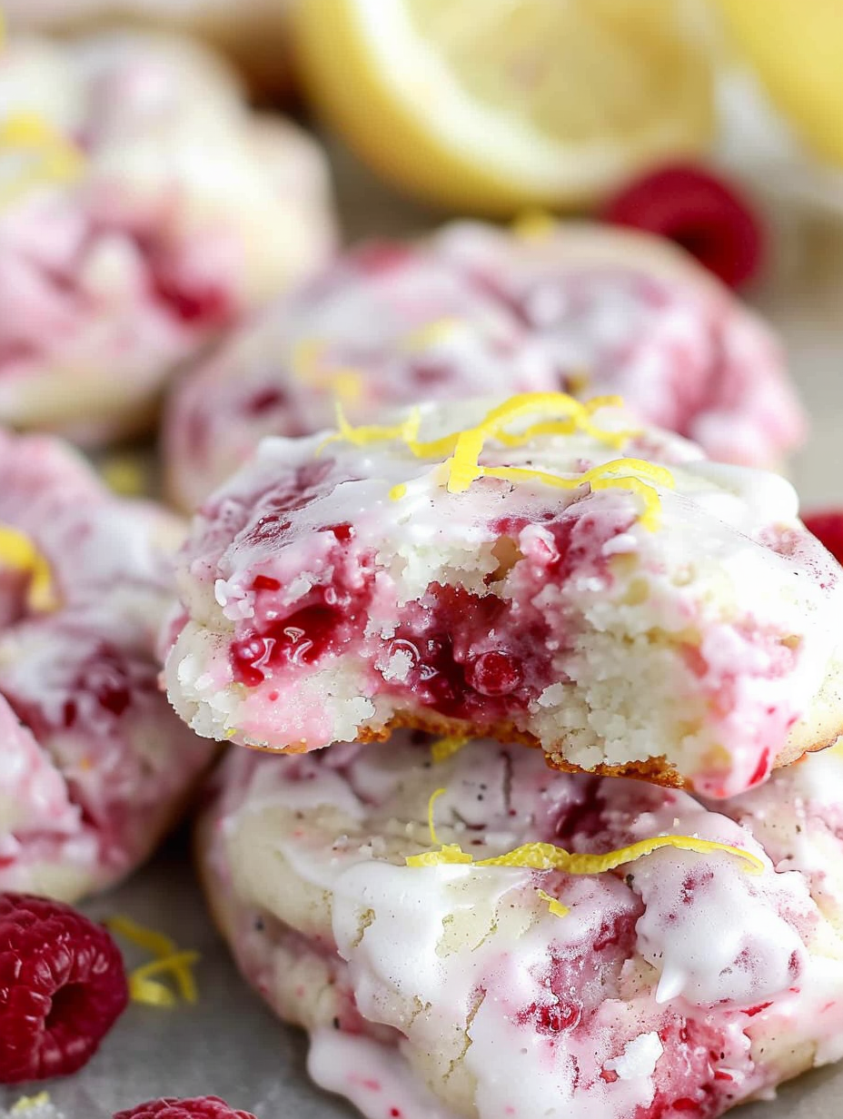 Close up of glazed lemon raspberry cookie