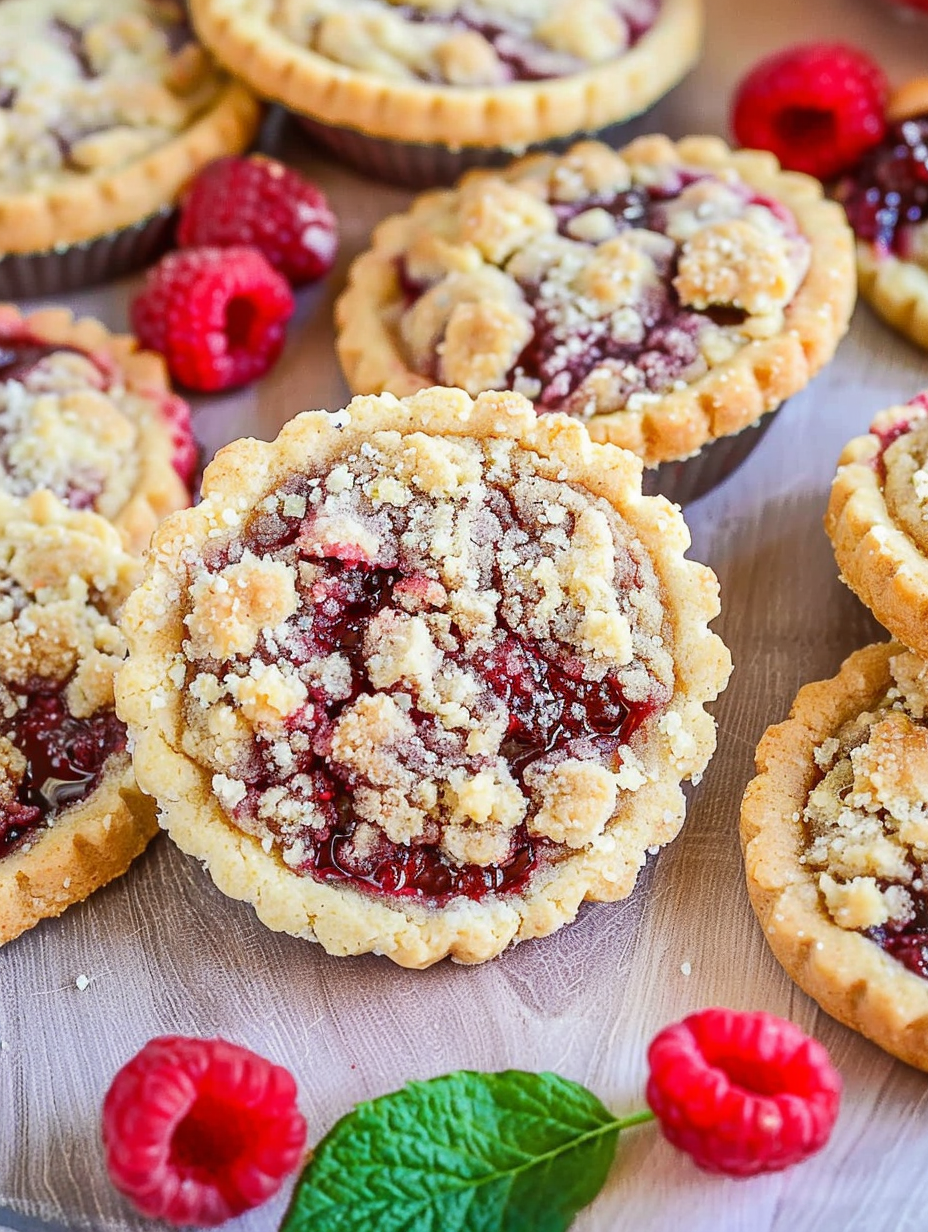 Close up of raspberry jam and crumble topping