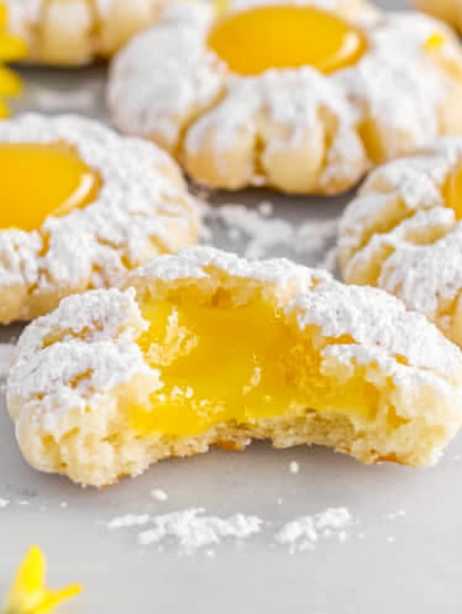 Tray of lemon curd thumbprint cookies cooling on parchment