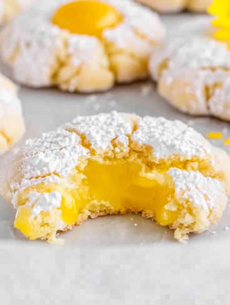 Close-up of a thumbprint cookie with glossy lemon curd