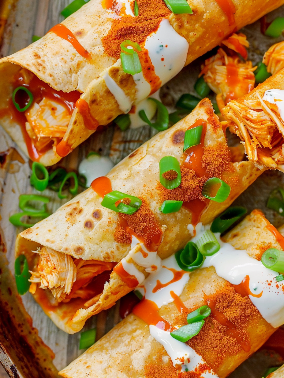 Air fried buffalo chicken taquitos on a platter