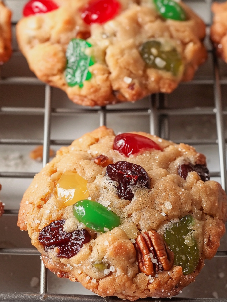 Close-up of a fruitcake cookie showing candied fruit and pecans