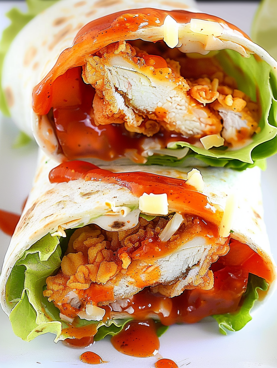 Assembled sticky chicken finger wraps with tomato and lettuce