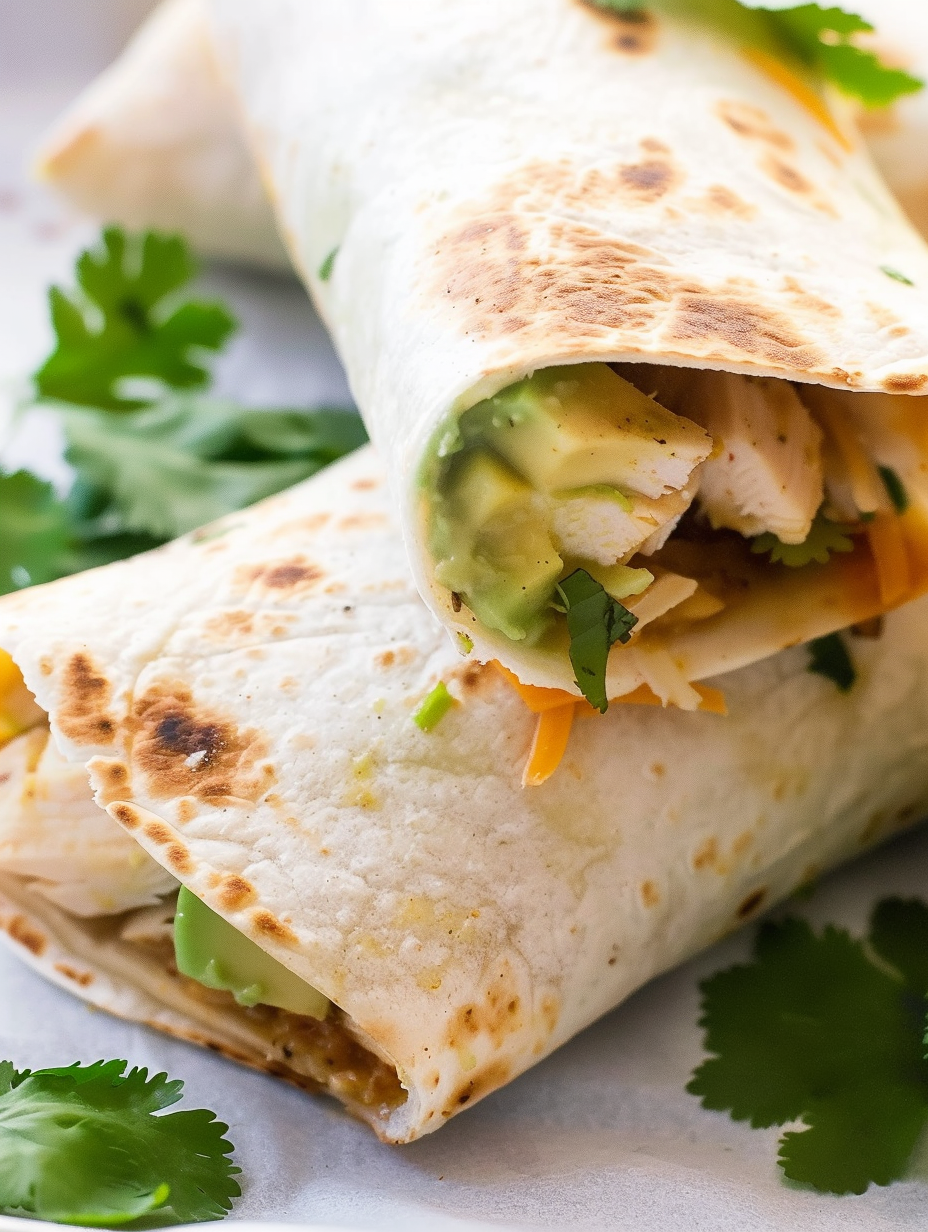 Baked Avocado Chicken Burritos on a baking sheet