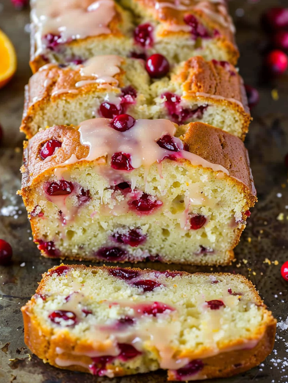 Sliced cranberry orange bread on a wooden board