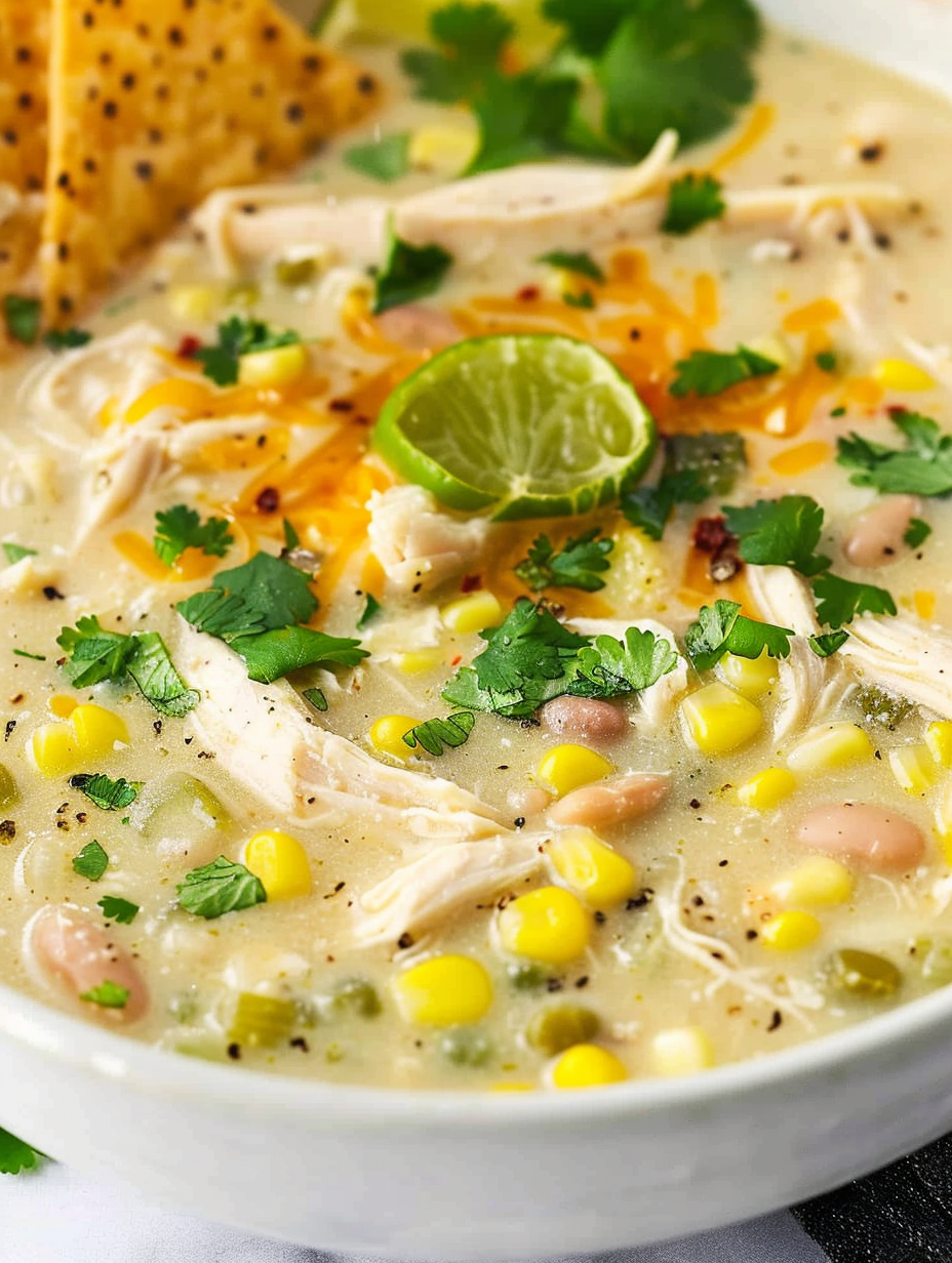 White chicken chili in a bowl garnished with cilantro and tortilla chips