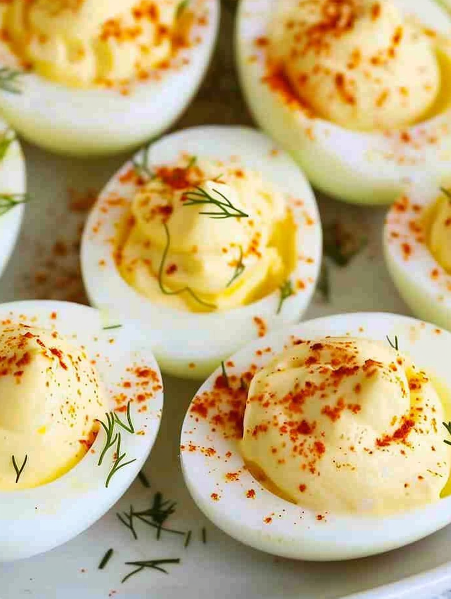 Platter of deviled eggs dusted with paprika and dill