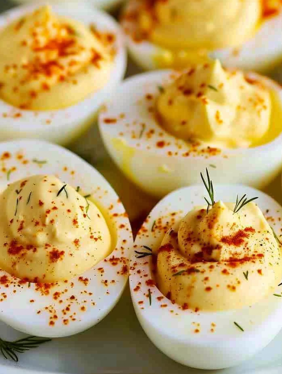 Close-up of deviled egg garnished with dill