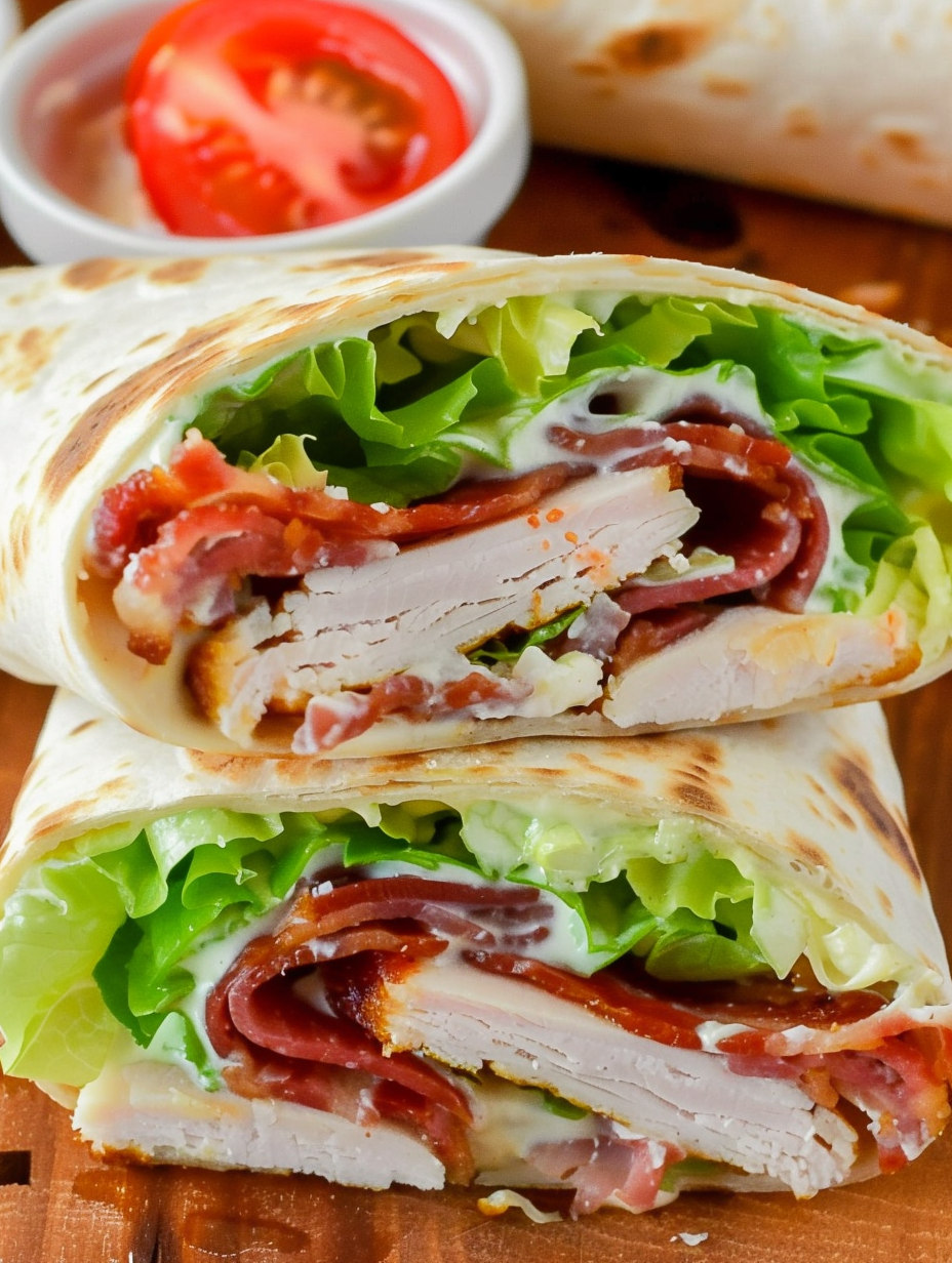 Ranch BLT wrap on wooden board with ingredients