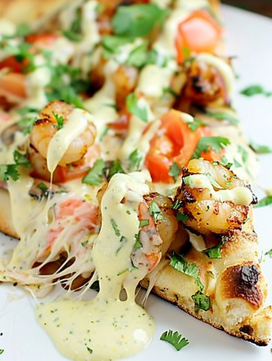 Shrimp Po' Boy Pizza on a pizza stone