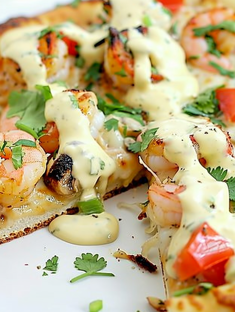 Sliced Shrimp Po' Boy Pizza with remoulade drizzle