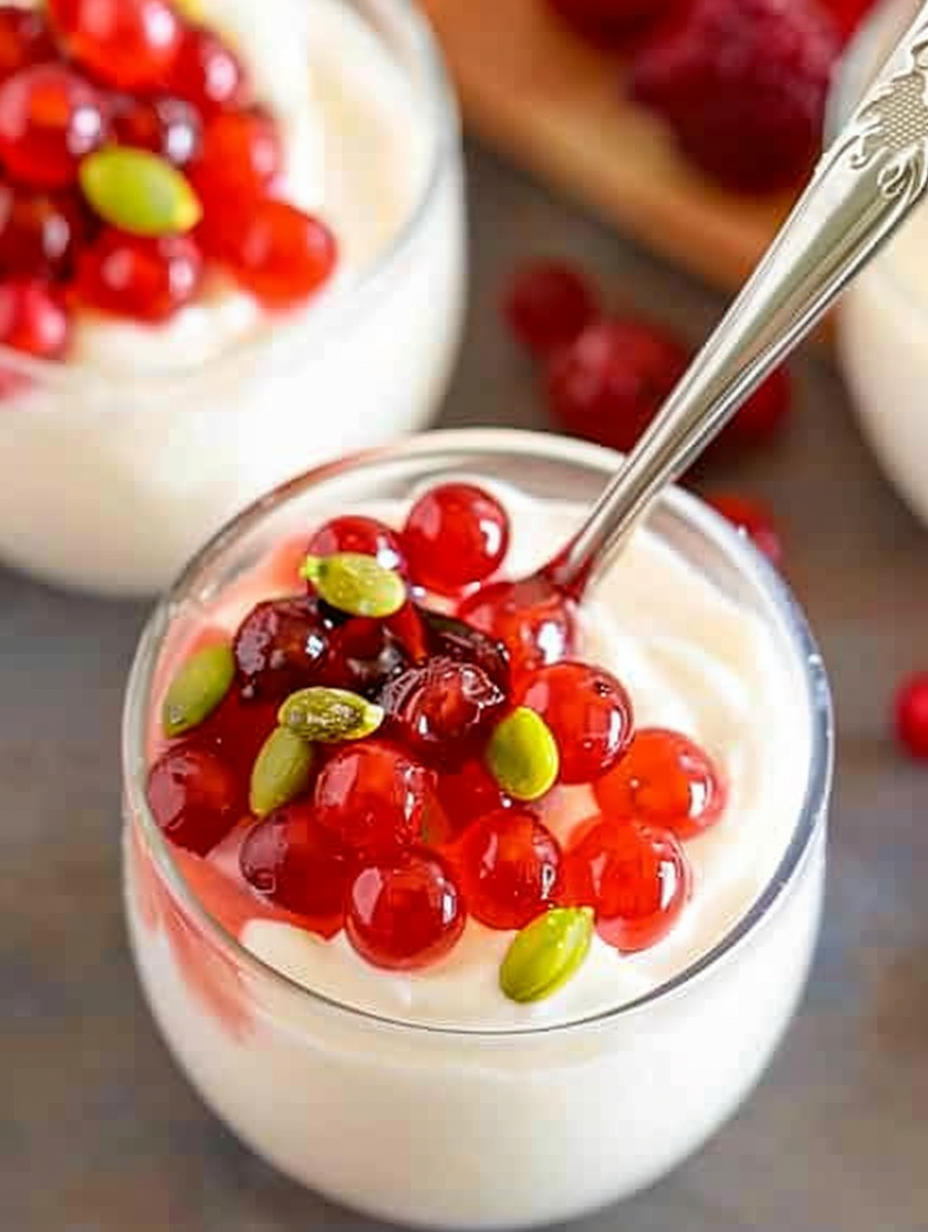 Cream cheese panna cotta in glasses with berry topping