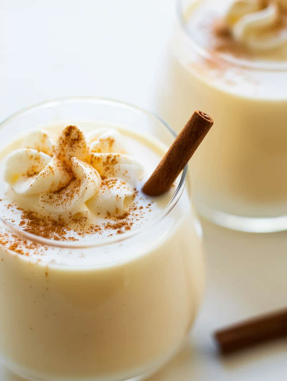 A pitcher of creamy homemade eggnog with nutmeg