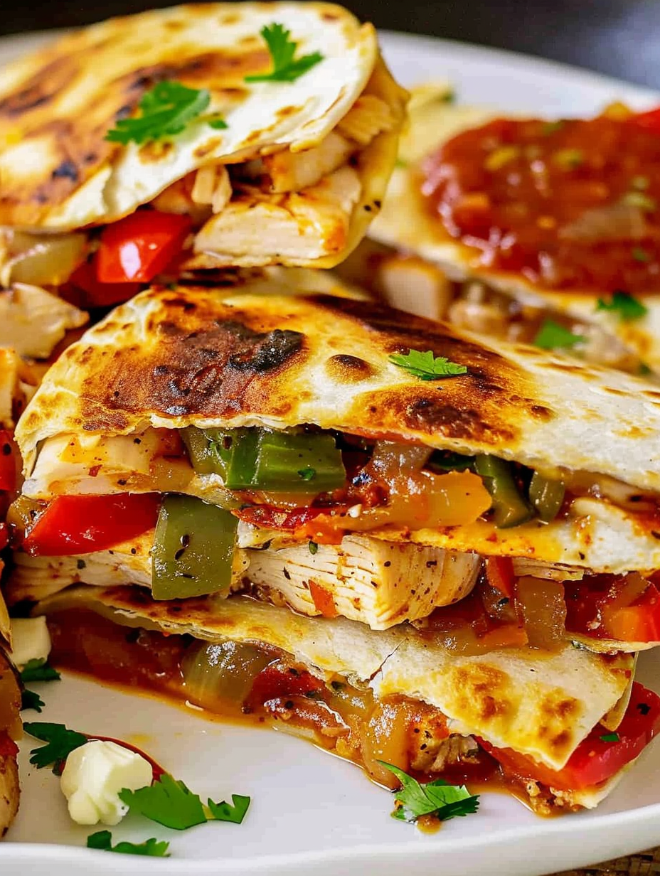 Cut chicken fajita quesadillas on wooden board