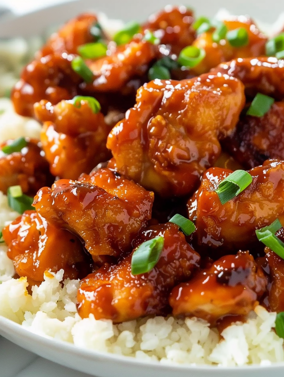 Fried firecracker chicken glazed in sauce on a baking dish