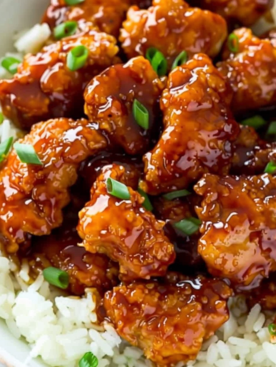 Close up of glazed firecracker chicken with scallions