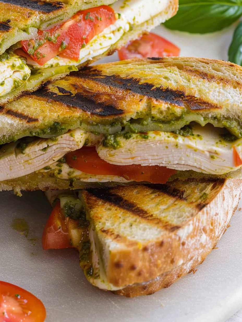 Assembled chicken pesto panini on cutting board