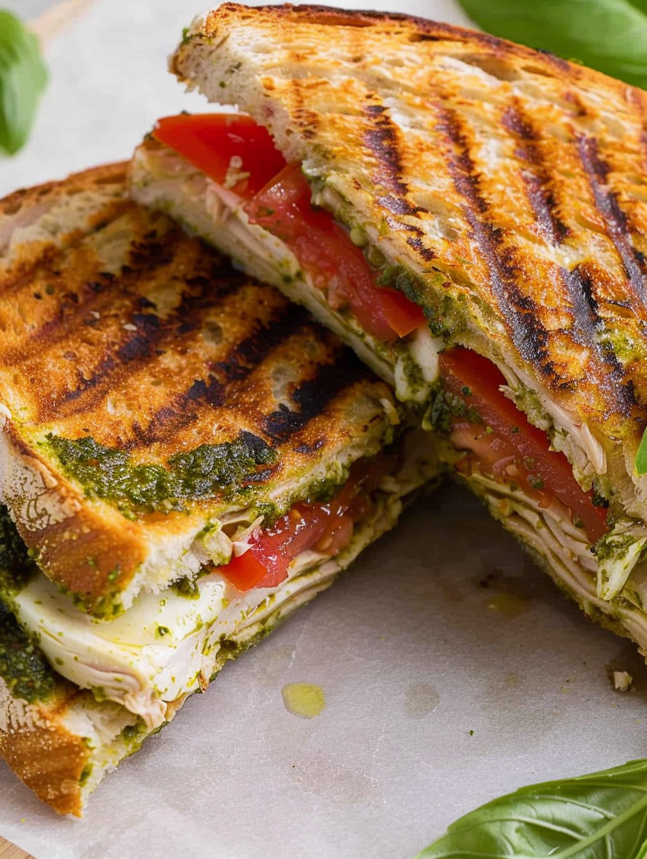 Panini pressed sandwich split showing melty mozzarella