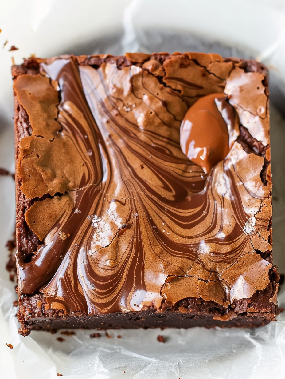 Close-up fudge brownie interior with Nutella