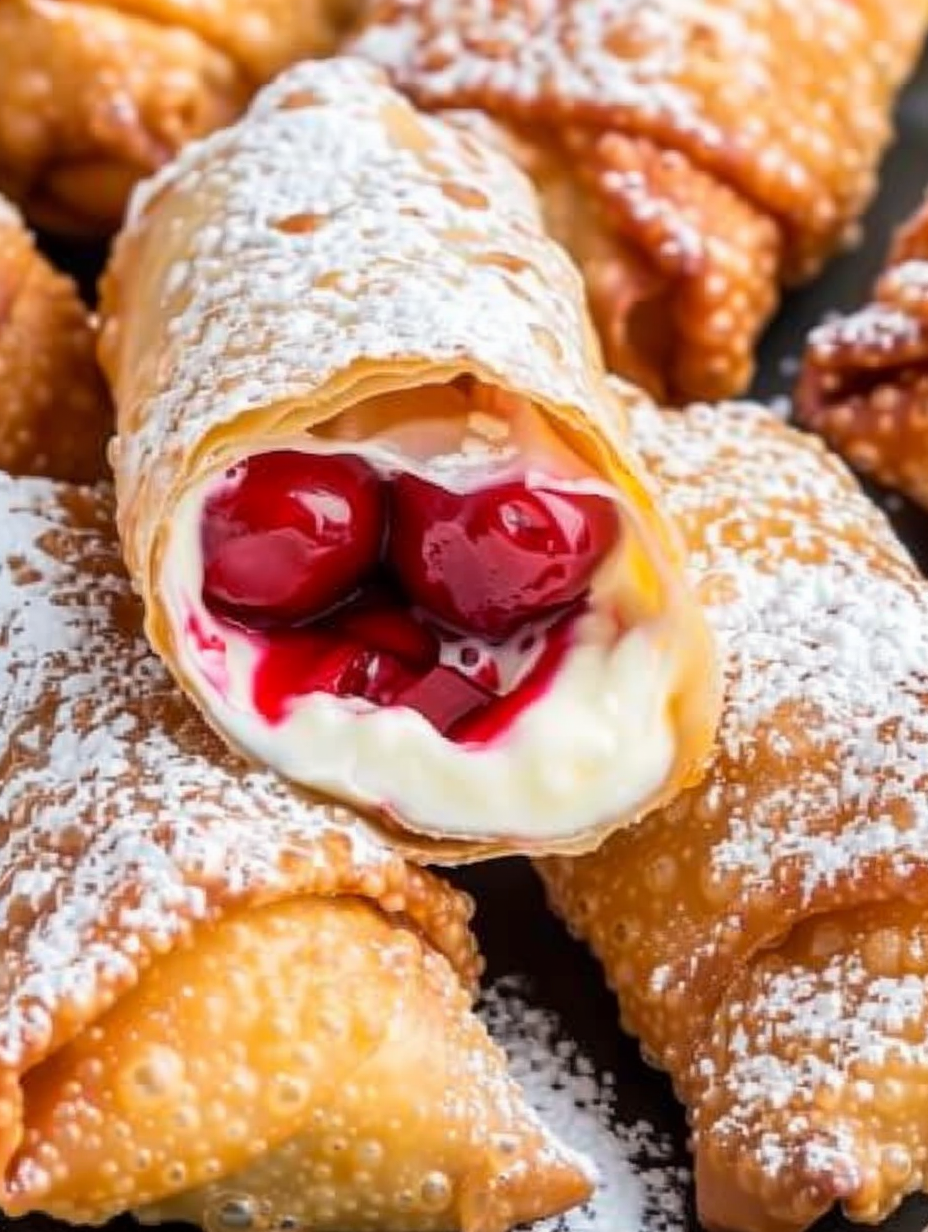 Close-up of rolled egg roll with cherry filling