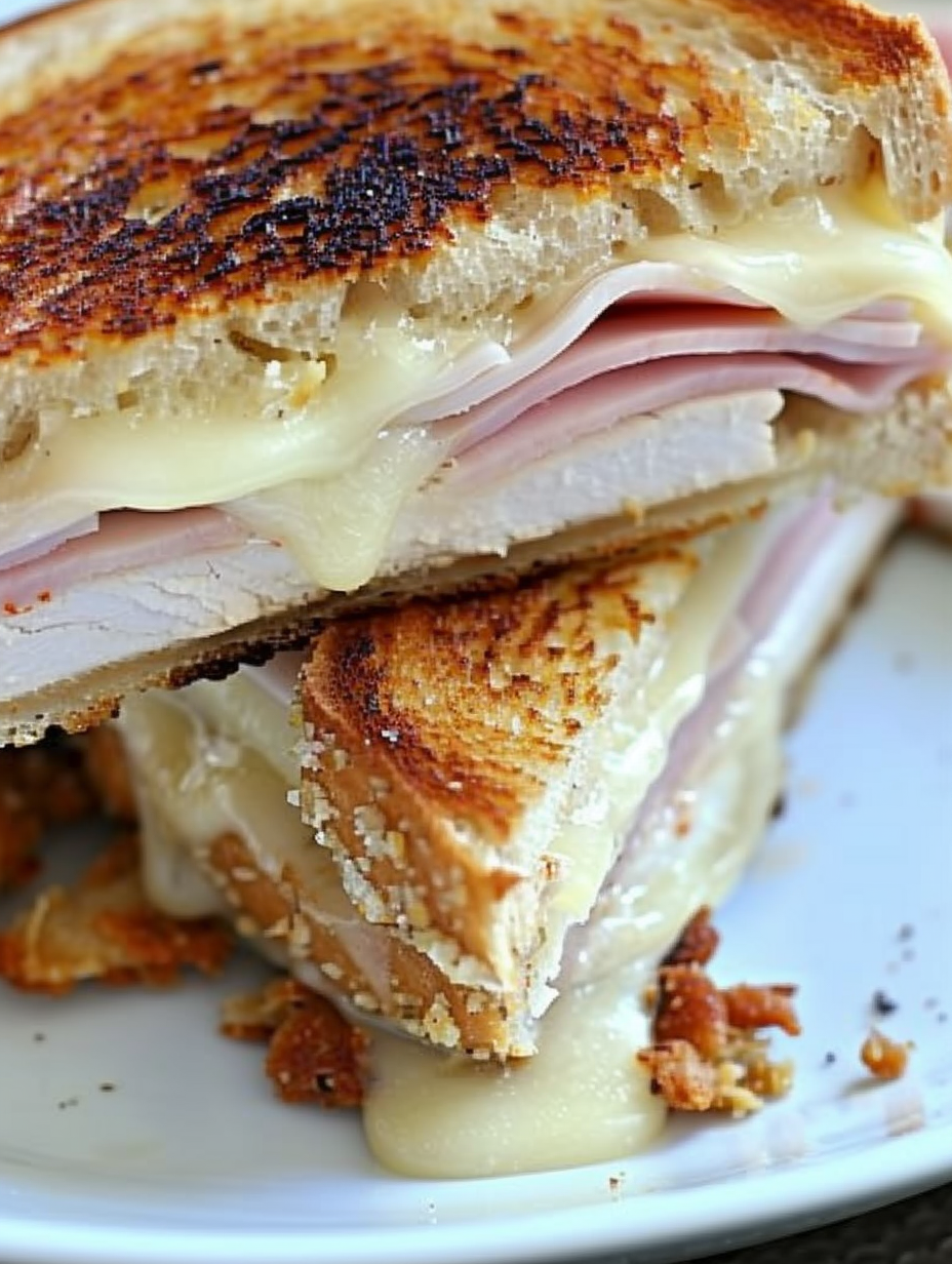 Cross section of Chicken Cordon Bleu Grilled Cheese showing melted Swiss