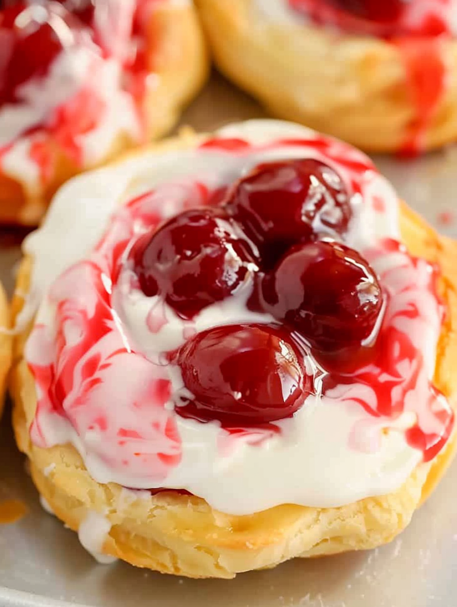 Close-up of glazed cherry Danish