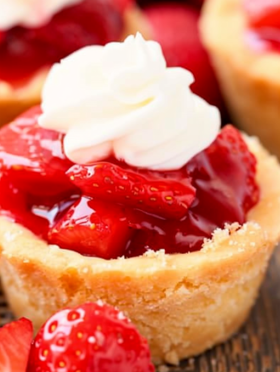 Close up of filled strawberry cookie cup