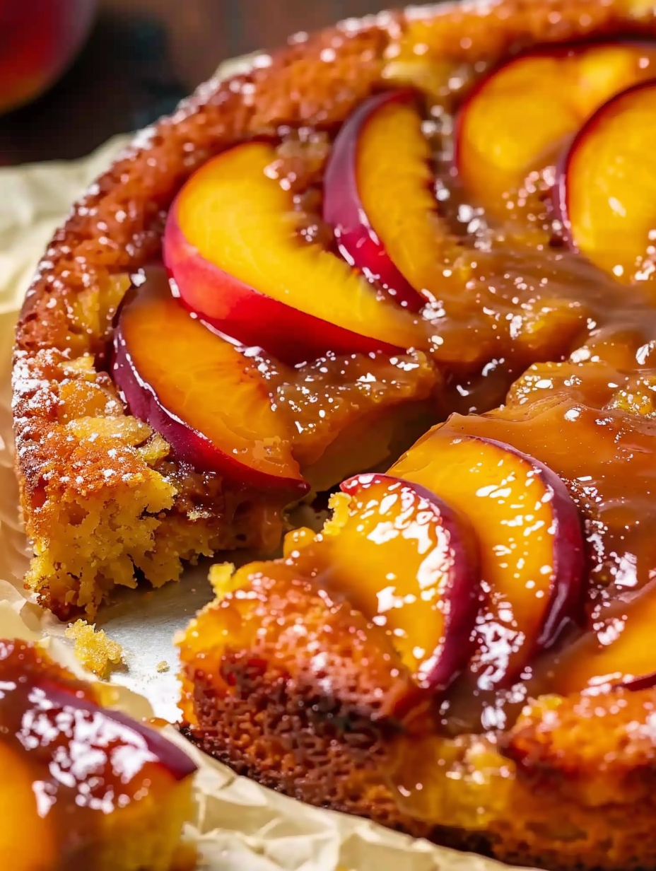 Caramelized peach slices in a 9-inch pan