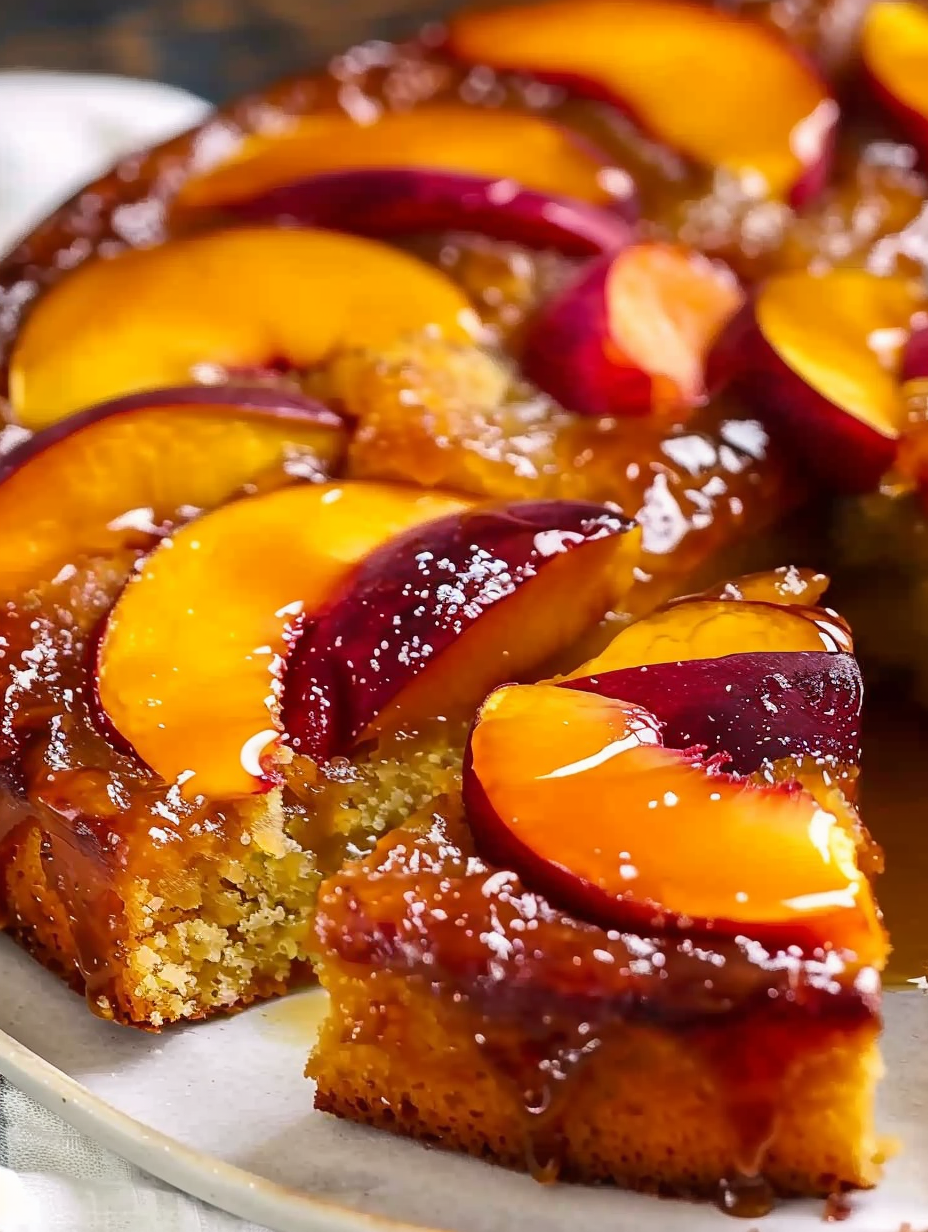 Slice of upside down cake with ice cream