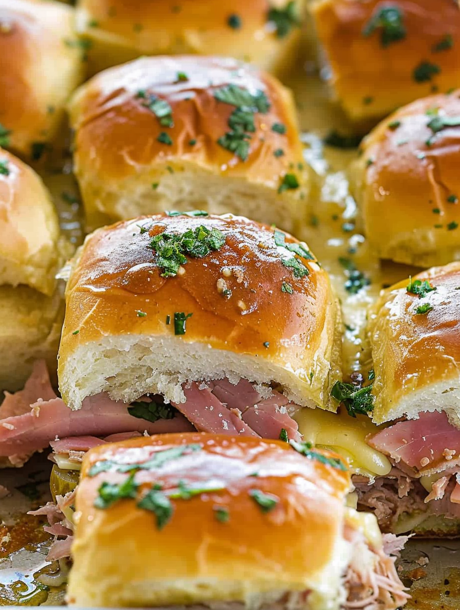 Tray of baked Cuban sliders with melted cheese and golden tops