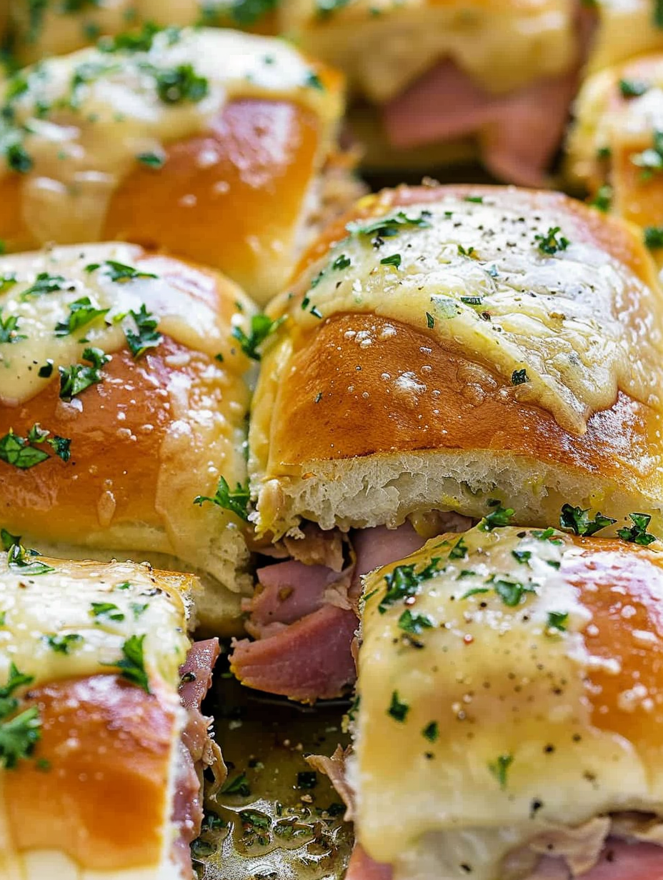 Preparing Cuban sliders with layers of ham, pork, pickles, and cheese